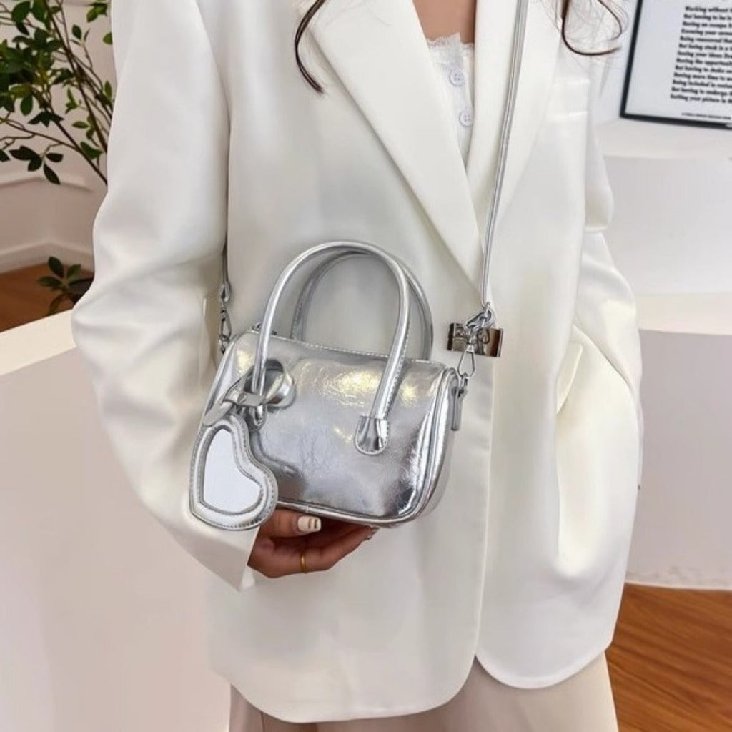 Mini tote handbag silver, women's summer shoulder crossbody bag, versatile love small square bag, mini top handle purse
