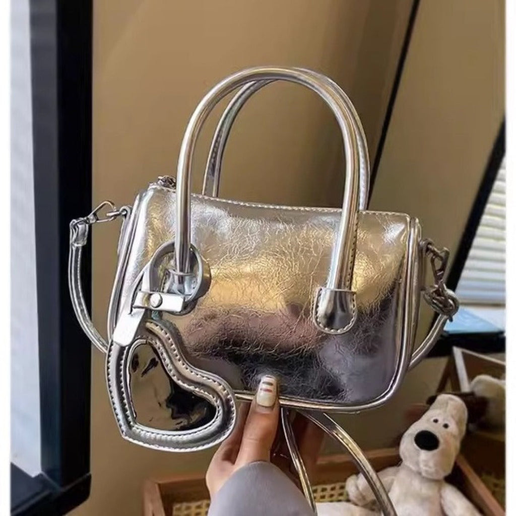 Mini tote handbag silver, women's summer shoulder crossbody bag, versatile love small square bag, mini top handle purse