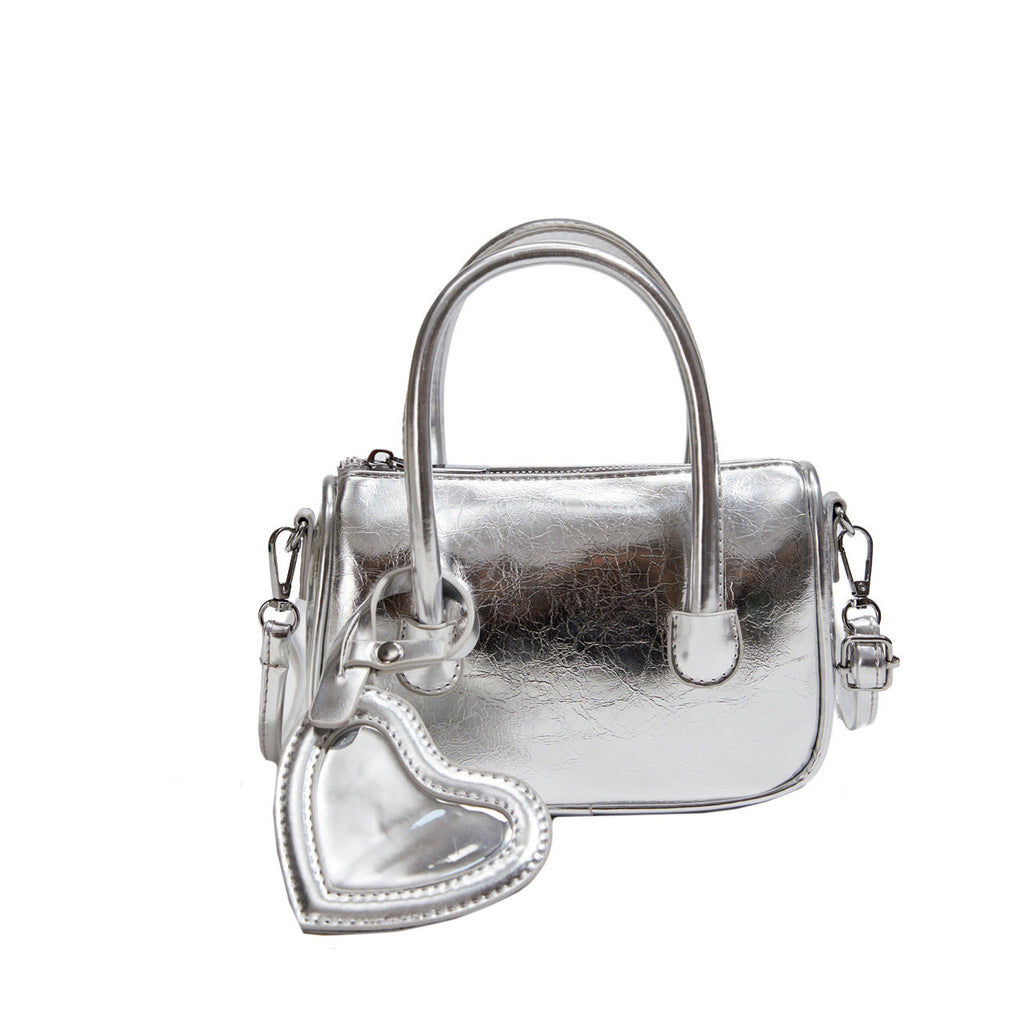 Mini tote handbag silver, women's summer shoulder crossbody bag, versatile love small square bag, mini top handle purse