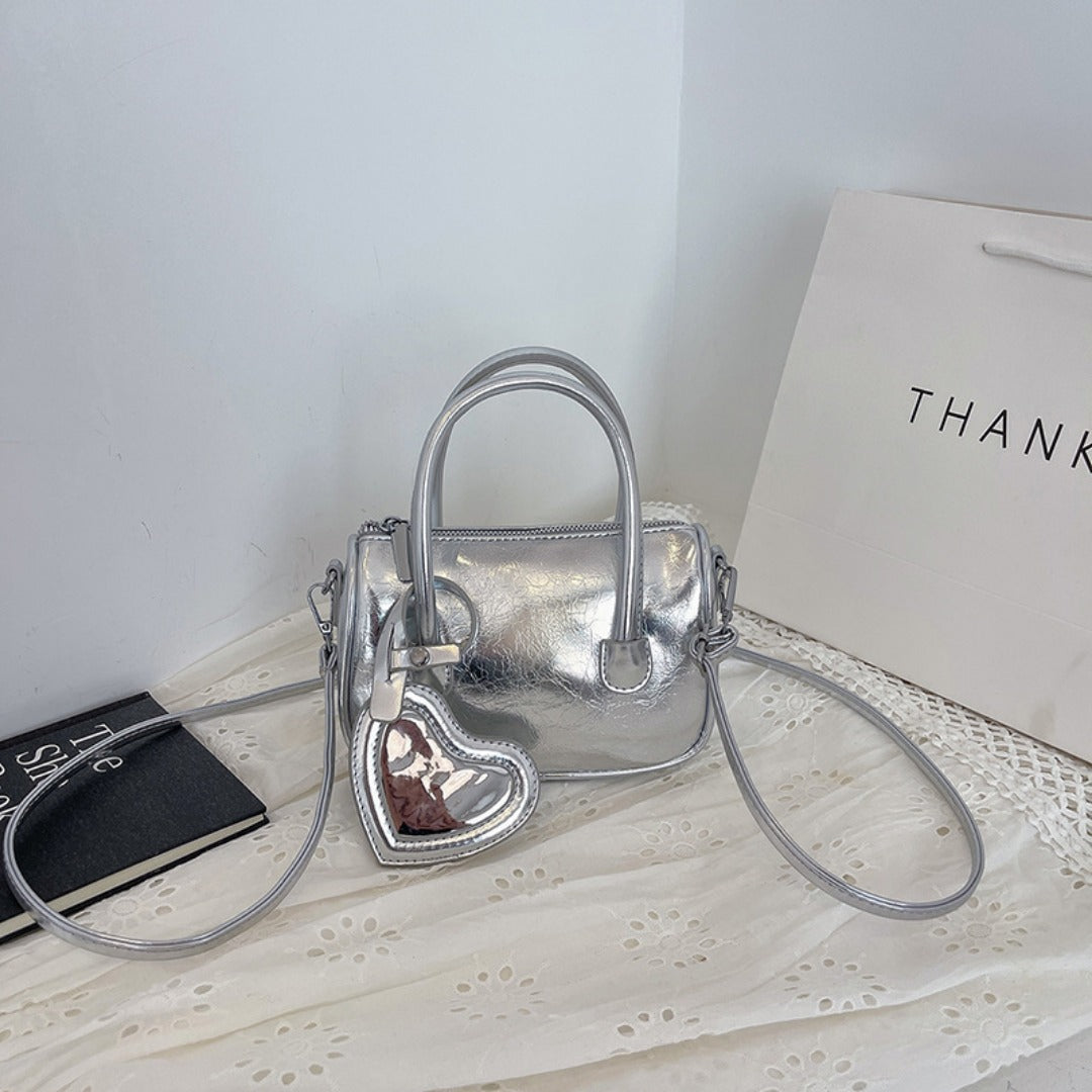 Mini tote handbag silver, women's summer shoulder crossbody bag, versatile love small square bag, mini top handle purse